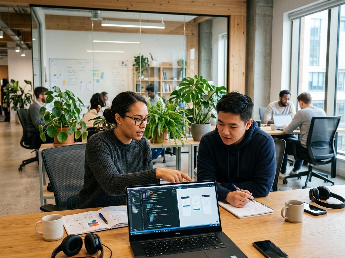 Custom software development — Engineering team collaborating on product architecture and UI design in modern office