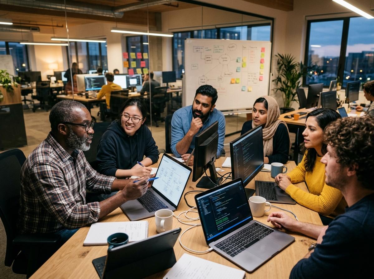 Dedicated software development team — Diverse engineering squad collaborating around monitors and architecture whiteboard