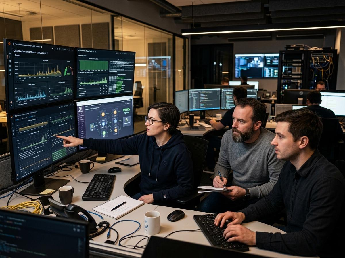 Software maintenance & cloud/DevOps — Cloud engineers monitoring multi-screen server dashboards and reliability metrics